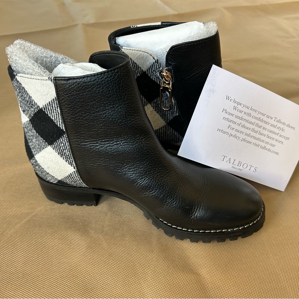 Talbots Black Leather Ankle Boots with White Plaid
